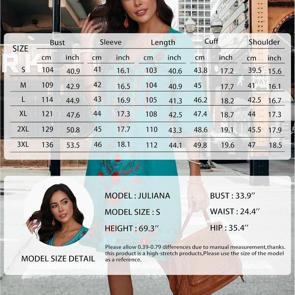 Women's Plus Size Cotton Mexican Fiesta Embroidered Dress Boho Casual - Picture 6 of 6